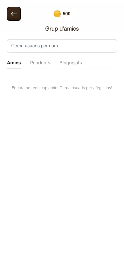 Pantalla Grup d'amics amb la barra de cerca d'usuaris i les pestanyes Amics, Pendents i Bloquejats
