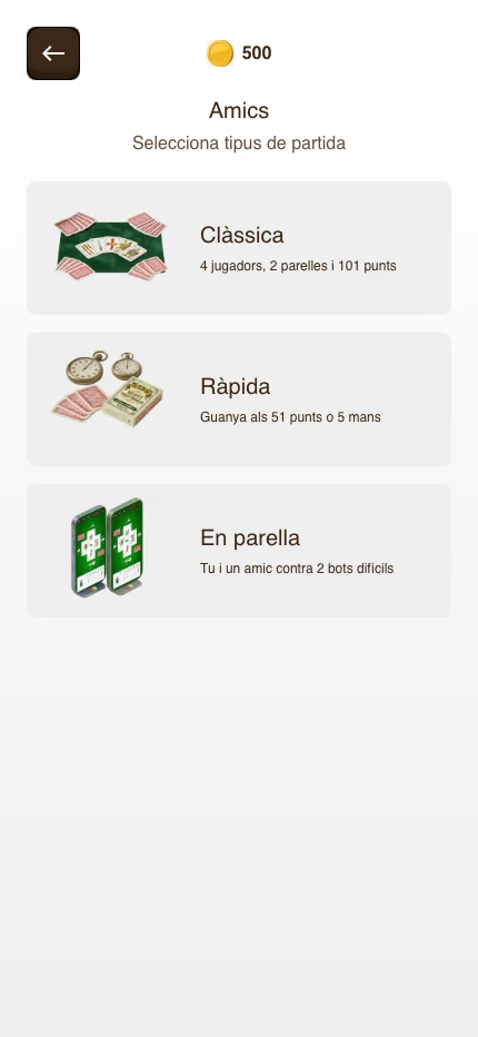 Pantalla Amics amb les tres opcions de partida: Clàssica, Ràpida i En parella