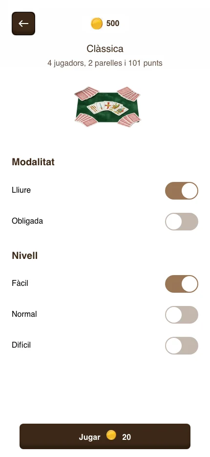 Pantalla de configuració d'una partida de Sol amb les opcions Lliure i Obligada i els nivells Fàcil, Normal i Difícil