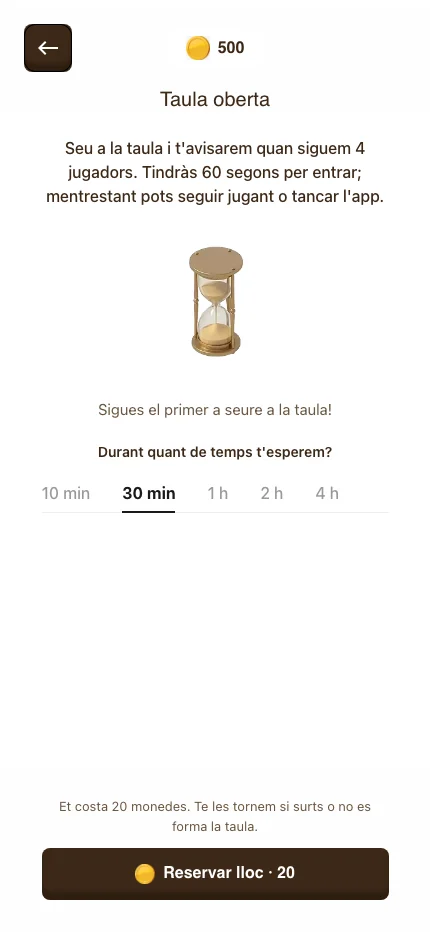 Pantalla de la Mesa abierta con un reloj de arena, las opciones de espera de 10 minutos a 4 horas y el botón para reservar sitio